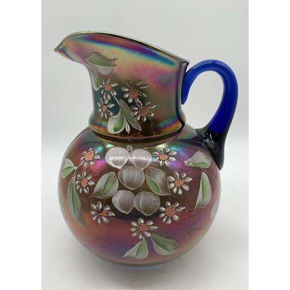 Vintage Cobalt Carnival Glass Cherry Blossom Water Pitcher Irredescent Read!! - Picture 1 of 13